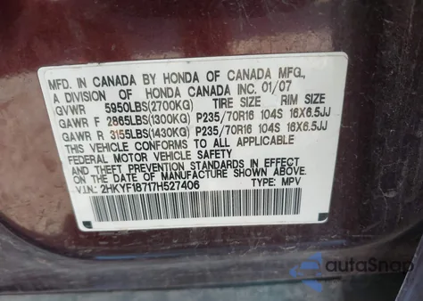 2007 Honda Pilot Ex-L from USA, damaged, VIN 2HKYF18717H527406